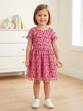 Girls Size 4 Pink Black Heart Mesh Overlay Dress Party Valentine